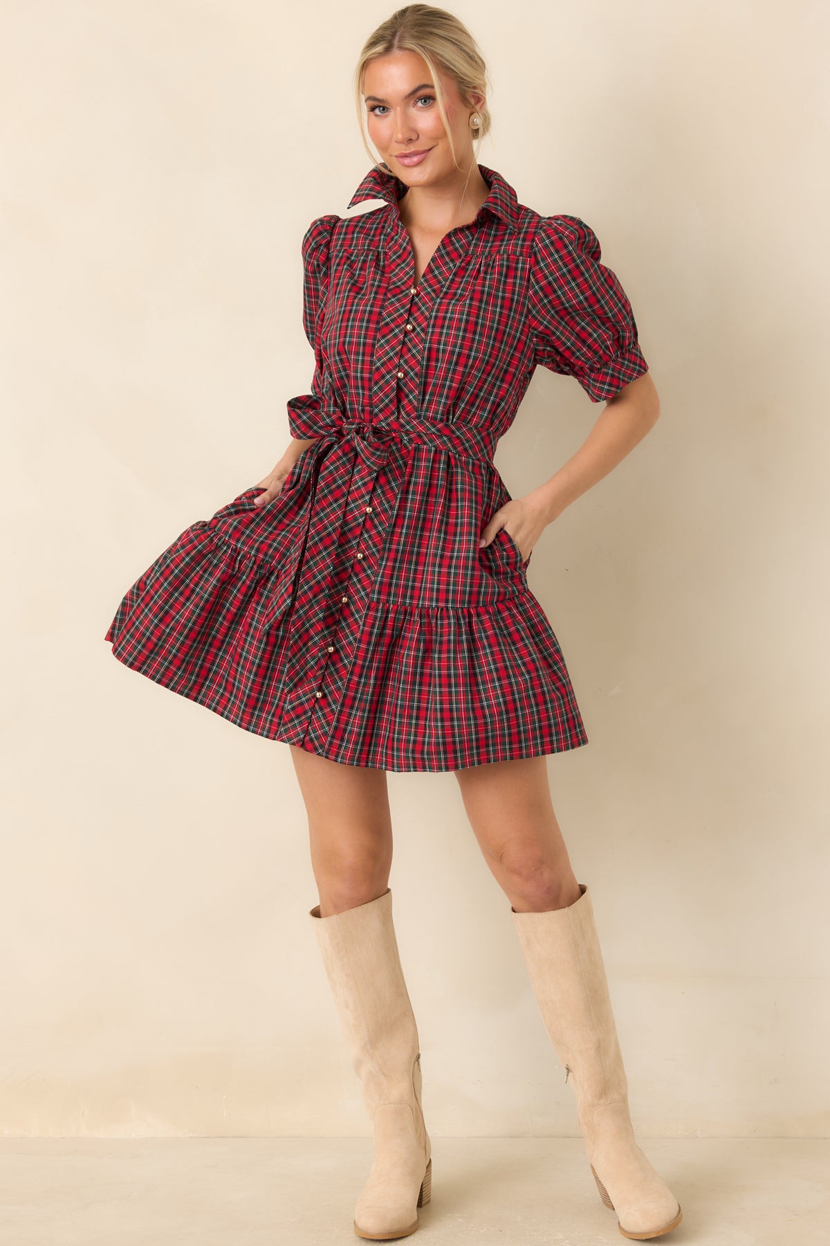 Glad We Made Plans Red & Green Tartan Plaid Cotton Mini Dress