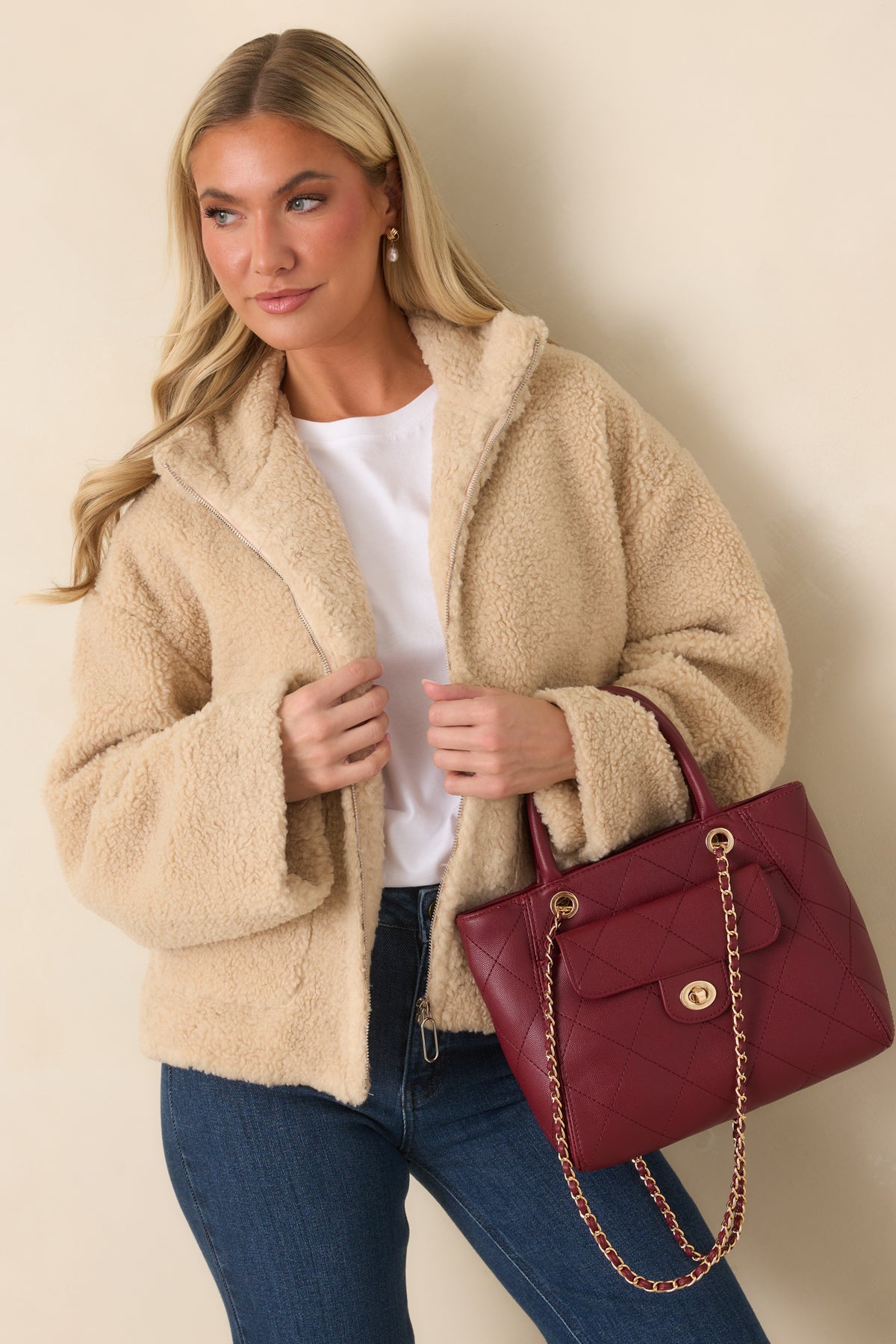 MINKPINK Zola Beige Teddy Zip-Front Jacket