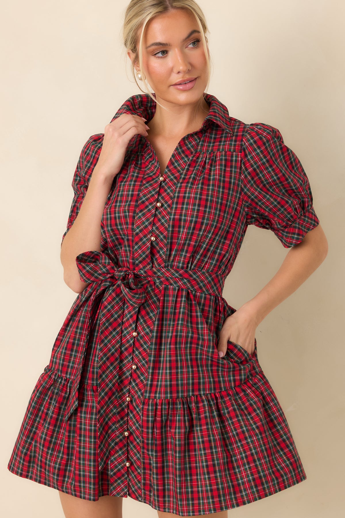 Glad We Made Plans Red & Green Tartan Plaid Cotton Mini Dress