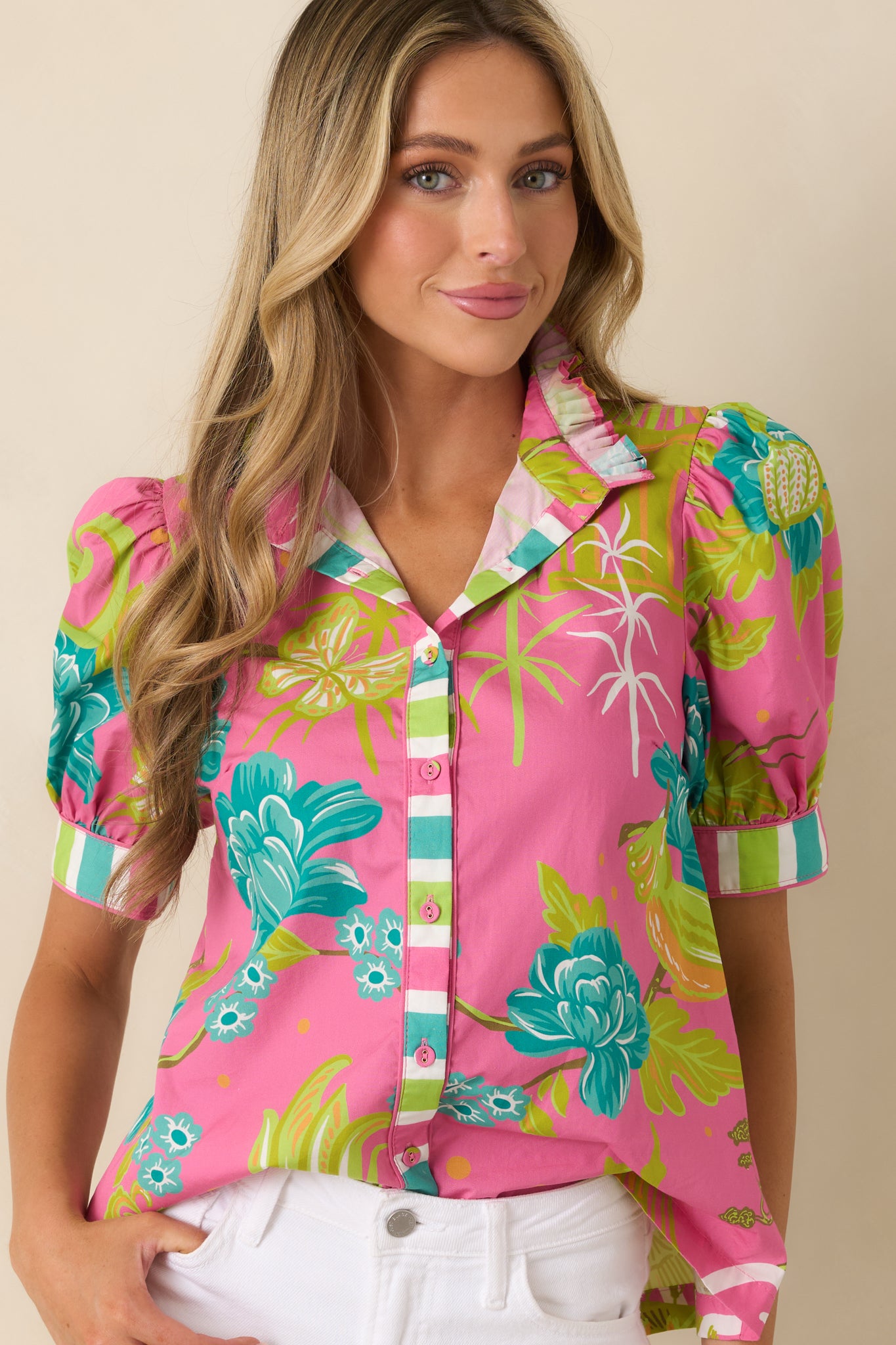 Detailed cropped view of the tropical print fabric emphasizing its chinoiserie-inspired pattern.