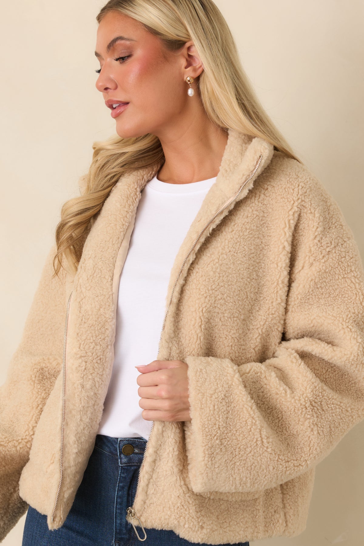 MINKPINK Zola Beige Teddy Zip-Front Jacket