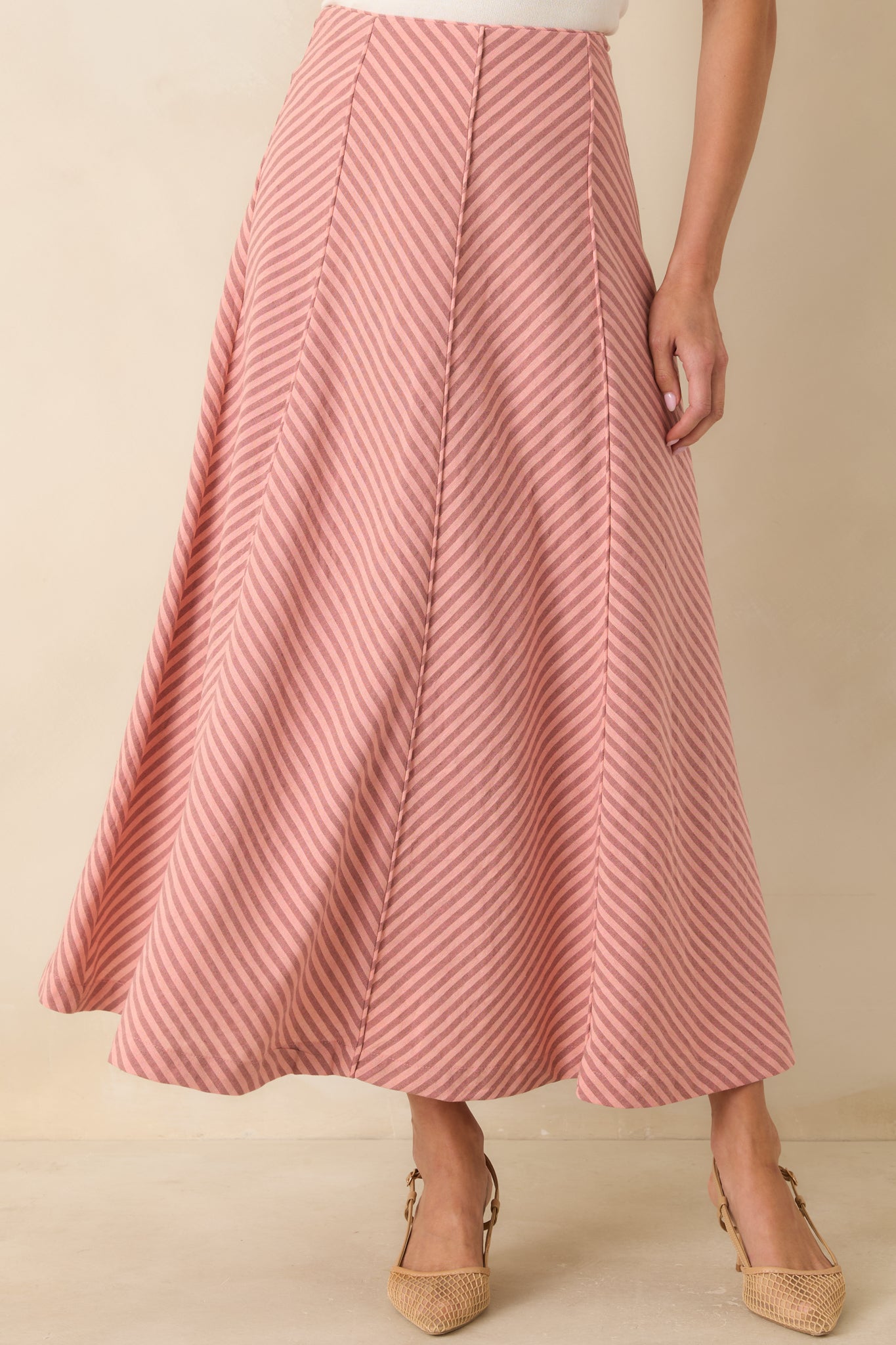 MINKPINK Paloma Coral Pink Stripe Midi Skirt | Red Dress
