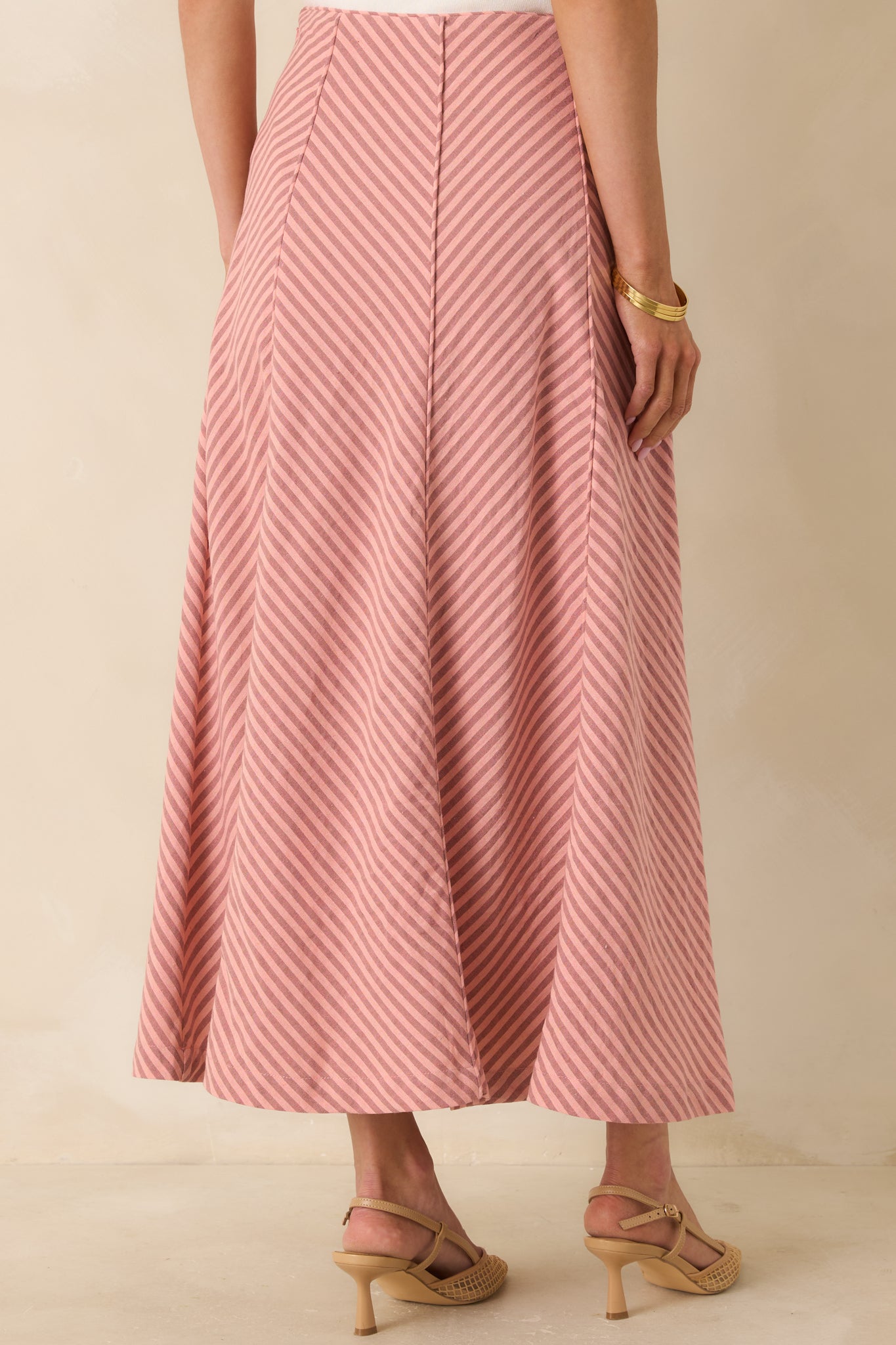 MINKPINK Paloma Coral Pink Stripe Midi Skirt | Red Dress