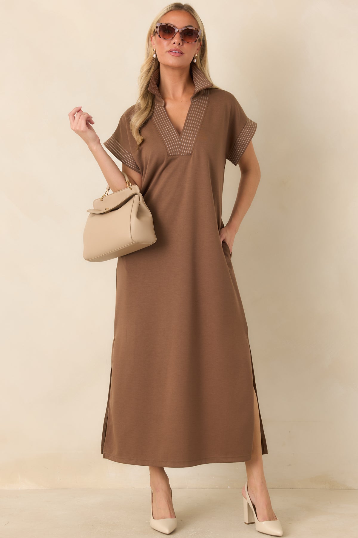 One Less Thing Mocha Brown V-Neck Contrast Pinstripe Maxi Dress