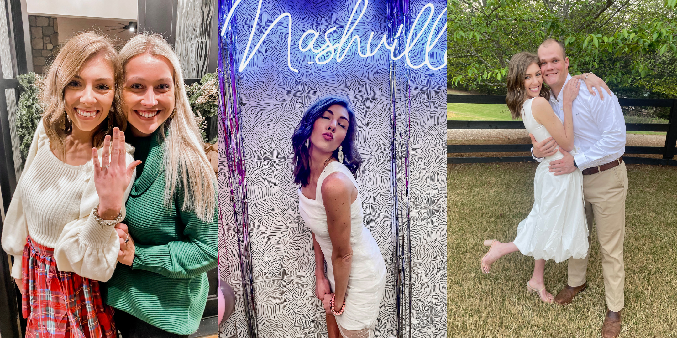 Collage of three photos: two women waving, a woman posing with 'Nashville' sign, and a couple embracing outdoors.
