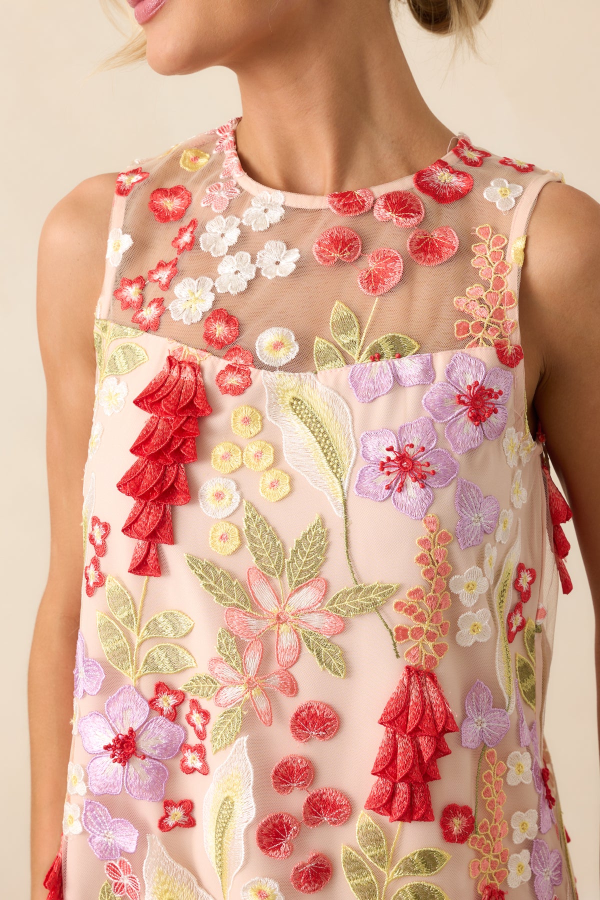 Pink Floral Embroidered Sleeveless Dress