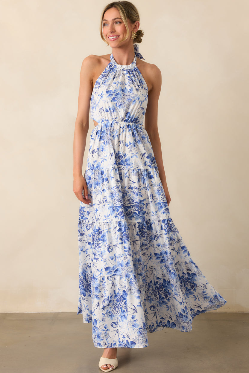 Blue and White Floral Halter Dress