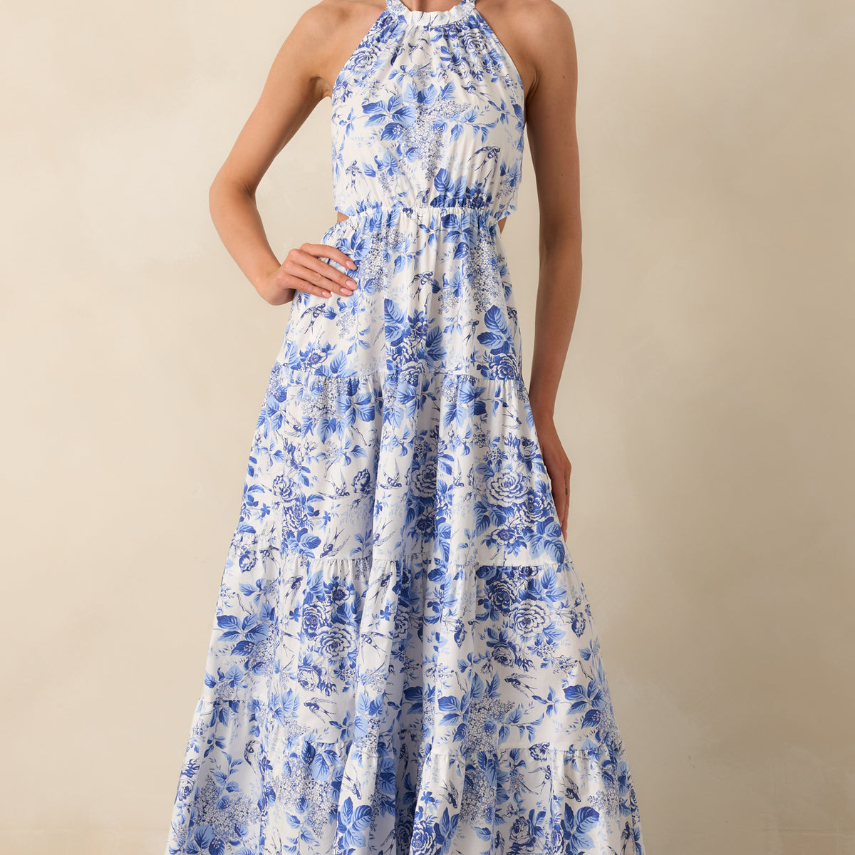 White & Blue Floral Halter Maxi Dress - All Dresses | Red Dess