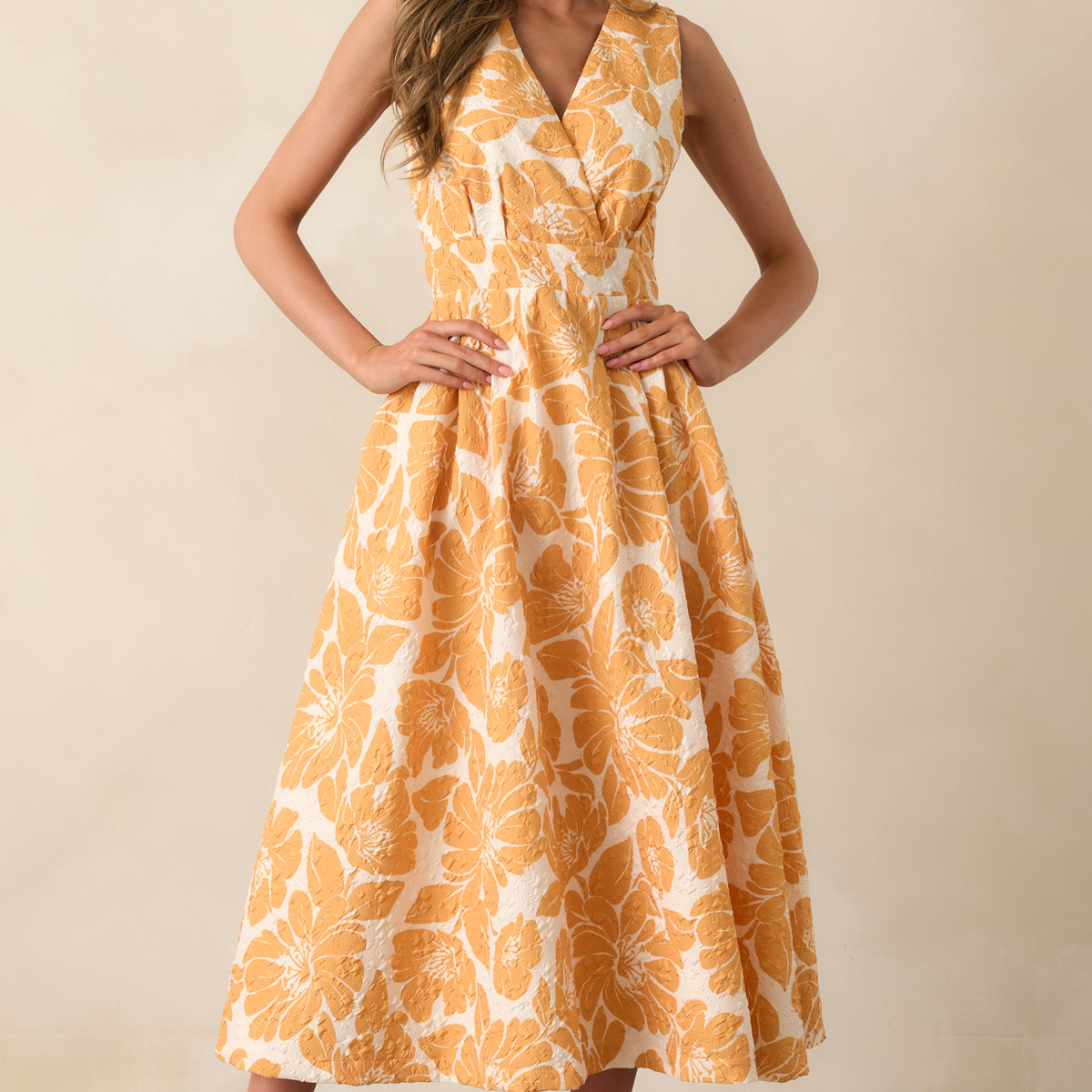 Orange Floral Jacquard Midi Dress - All dresses | Red Dress