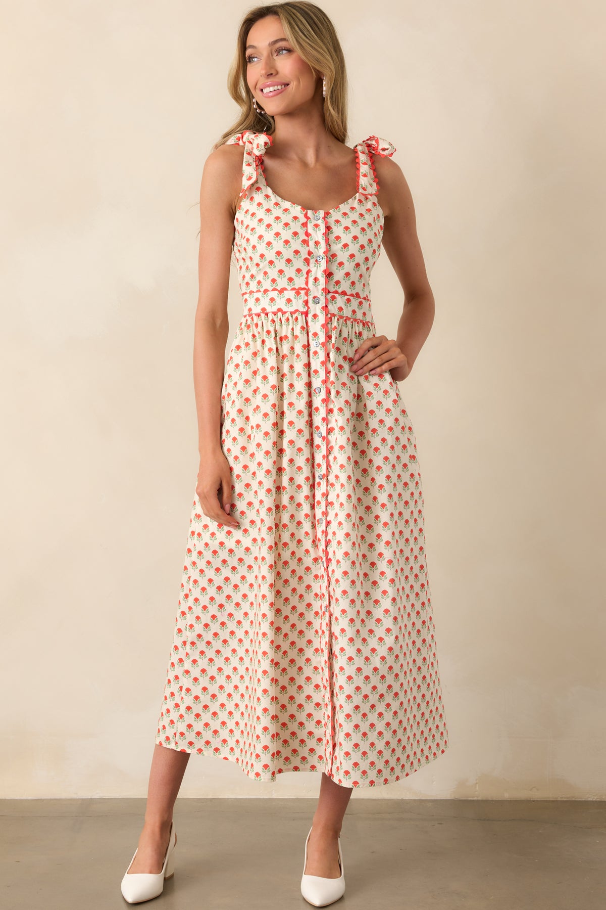 Red Floral Cotton Sleeveless Maxi Dress