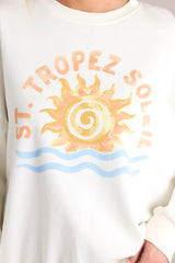 Close up view of the design of this sweatshirt that features a crew neckline, a summer themed graphic, ribbed cuffed long sleeves, and a ribbed hemline.