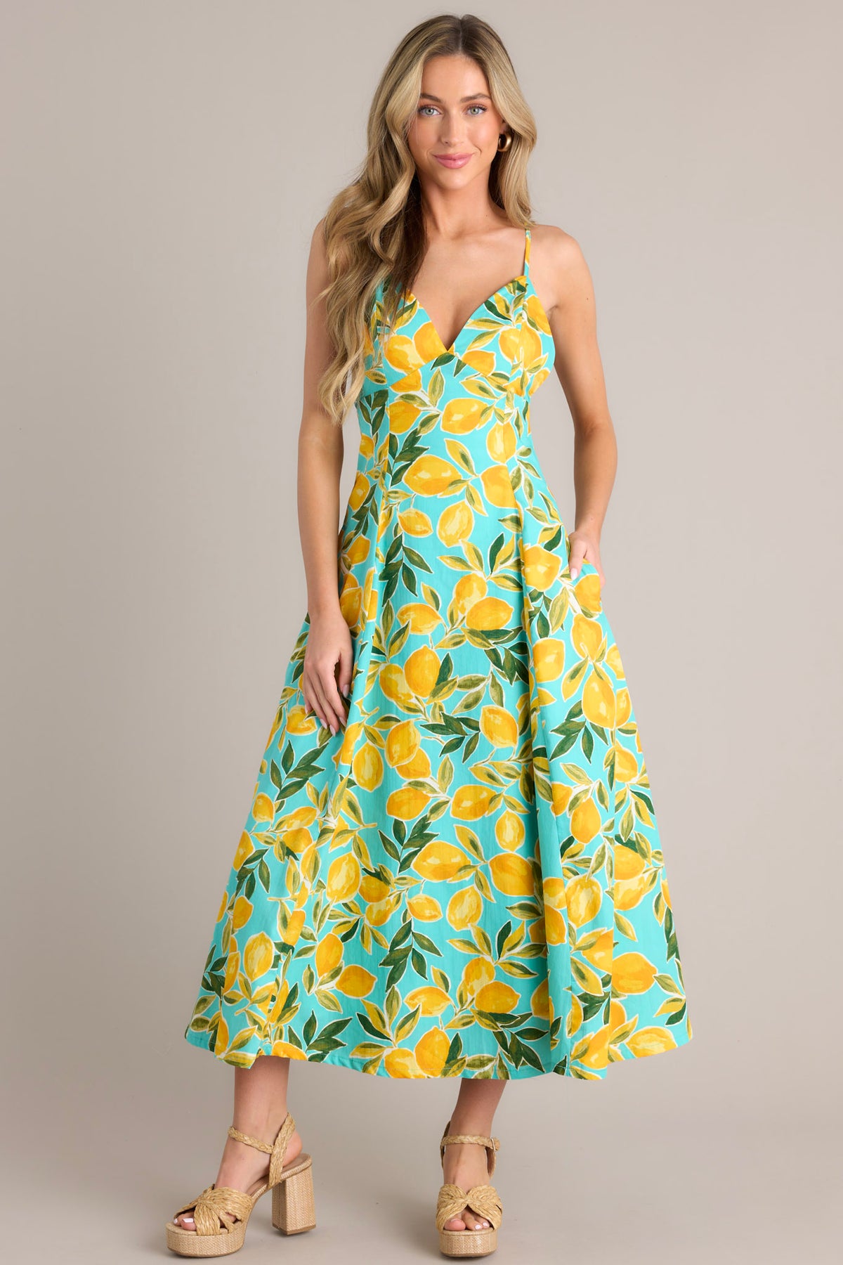 Lissa | Lemon Floral Bouquet Print Square-Neck Midi Dress