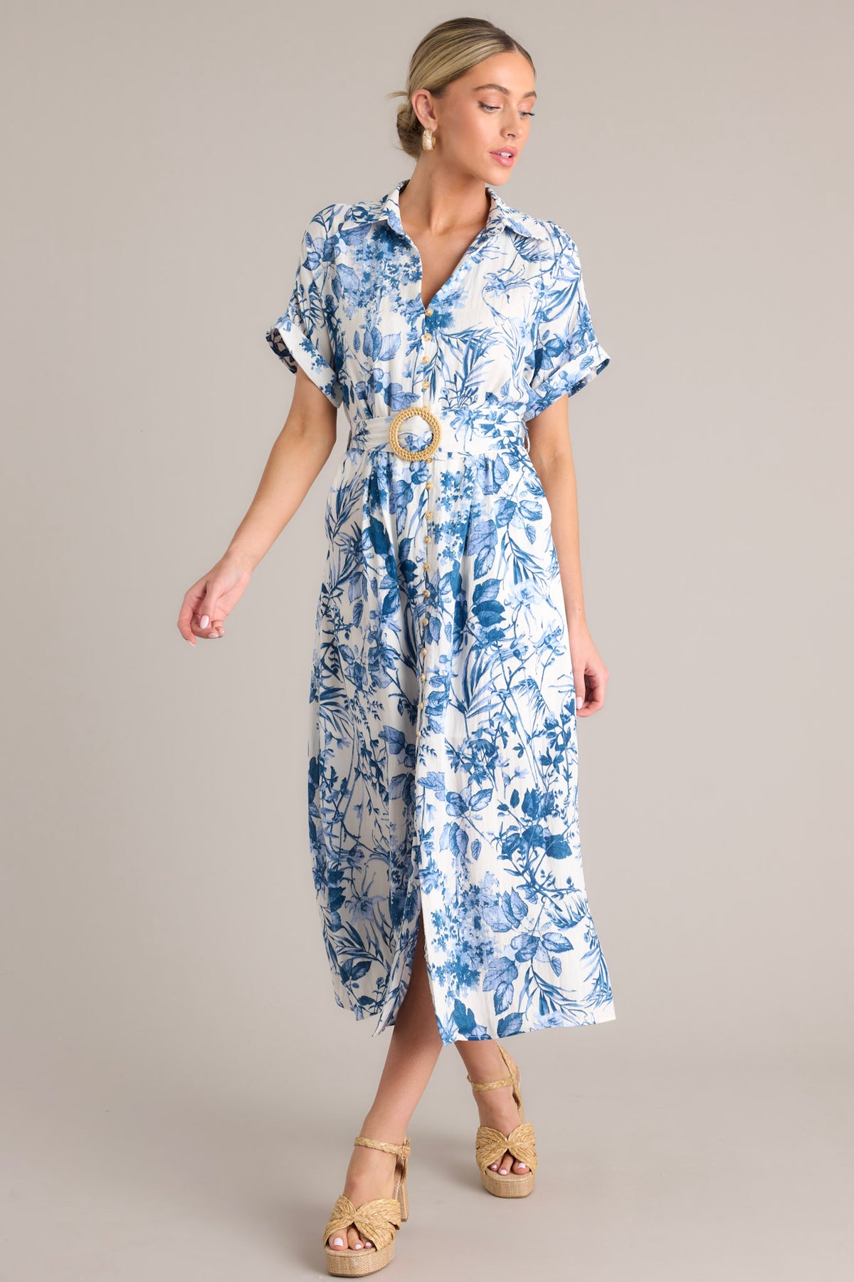 White & Blue Floral Belted Midi Dress