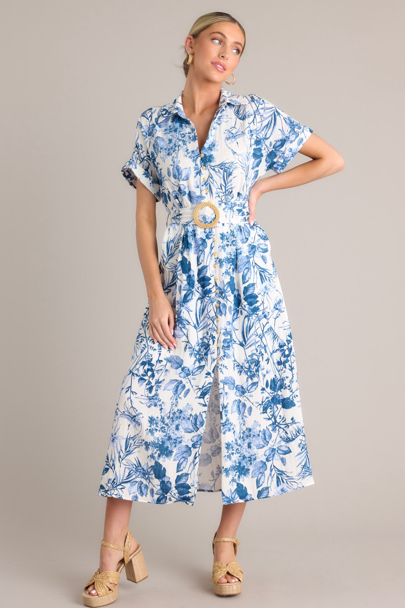 White & Blue Floral Belted Midi Dress