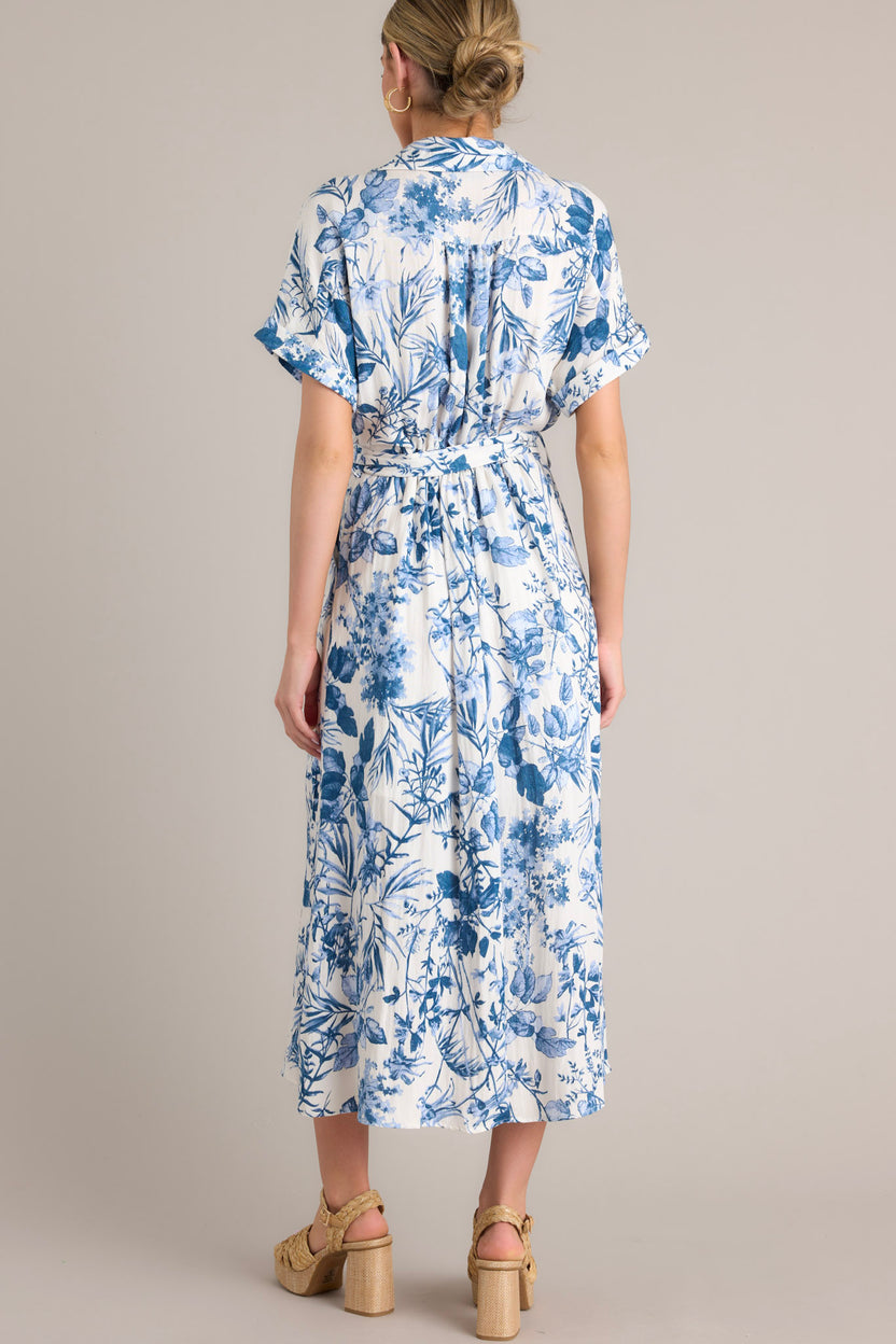 White & Blue Floral Belted Midi Dress