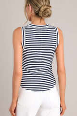 Back view of this tank that features a ribbed scoop neckline, a classic stripe pattern, a ribbed texture, and a scoop hemline.
