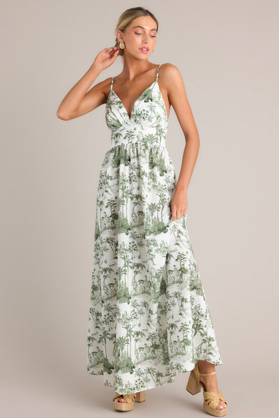Green & White Toile Cotton Linen Maxi Dress - All Dresses