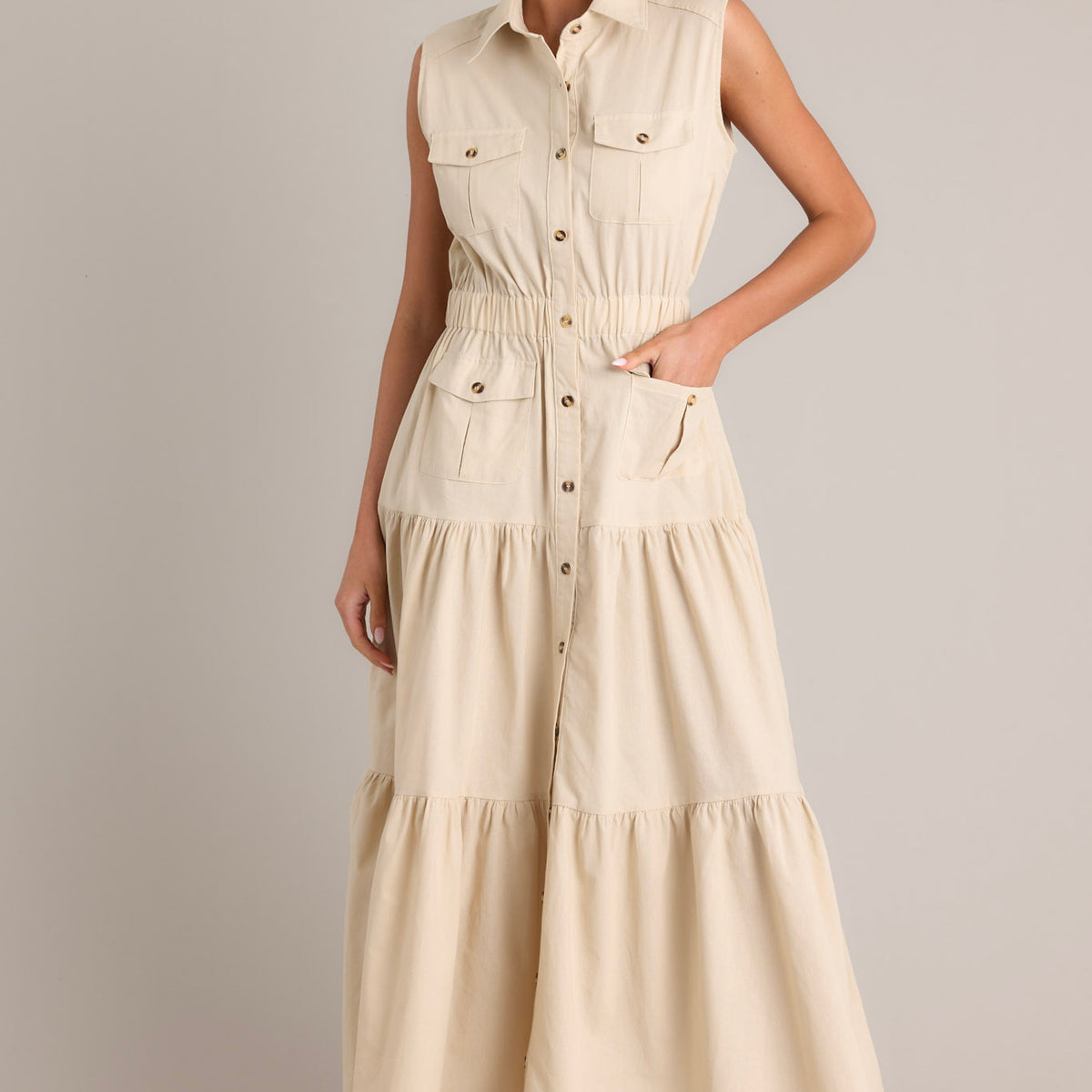 Desert Dusk Beige Button Front Tiered Maxi Dress