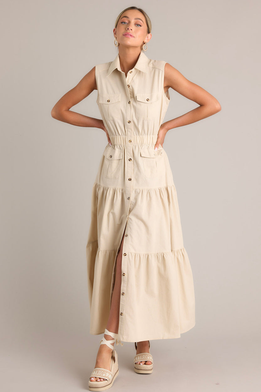 Fiore Beige Long Sleeve Knit Collar Button Maxi Dress