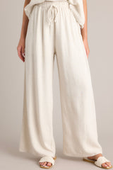 Sandstone High-Waisted Wide Leg Pants with Elastic Waistband and Self-Tie Feature