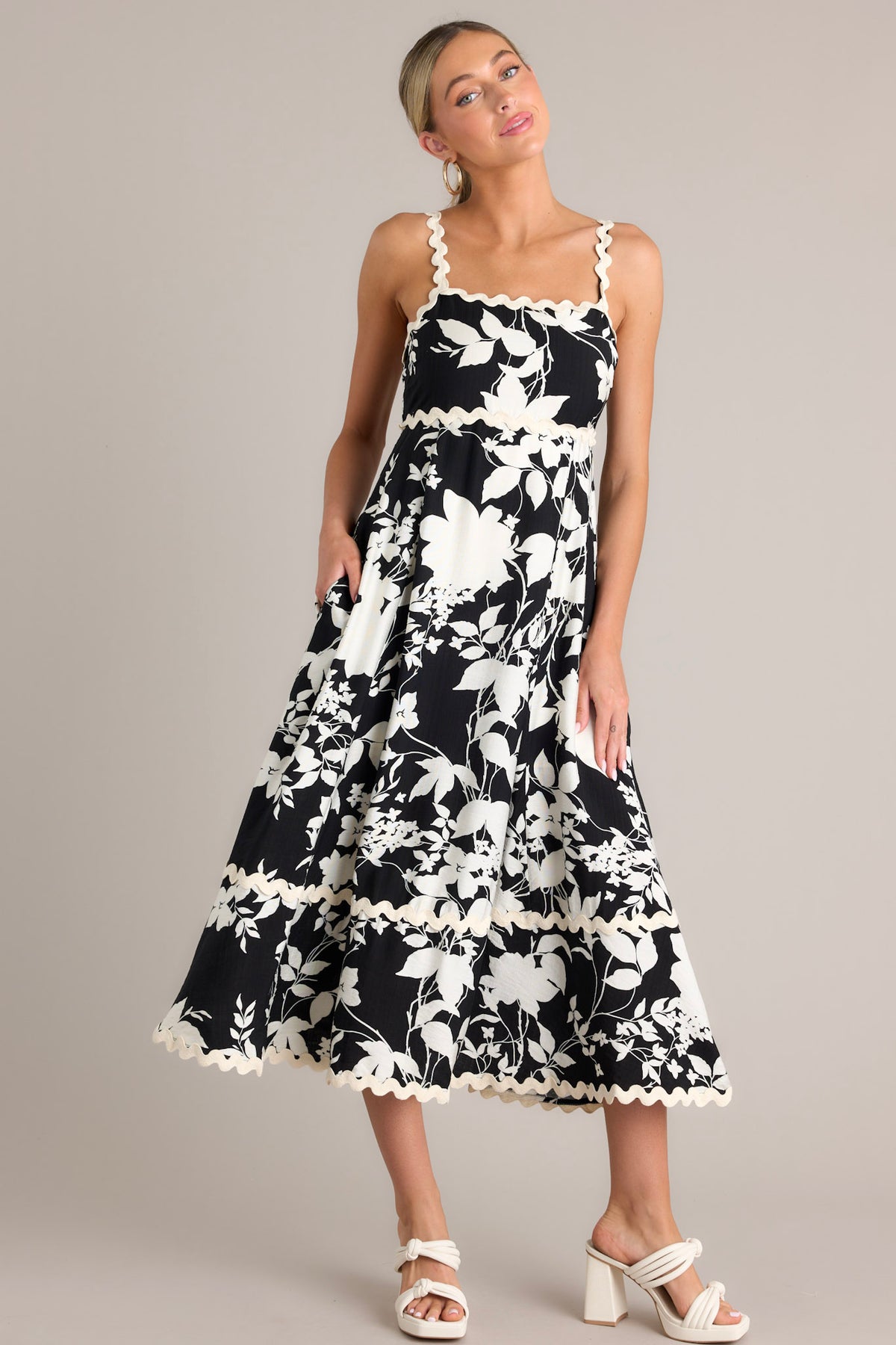 Black Floral Ricrac Midi Dress