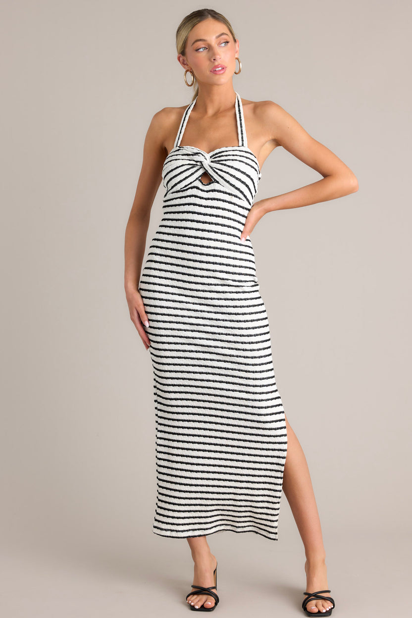 Entro Blue and White Stripe Halter Maxi Dress