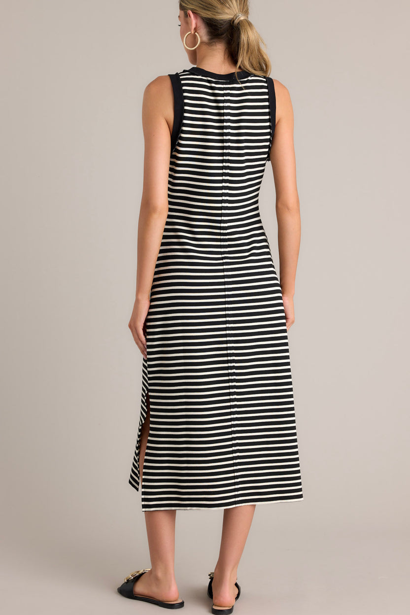 Black Stripe Criss Cross Side Slits Slim Fit Sleeveless Midi Dress main image 1