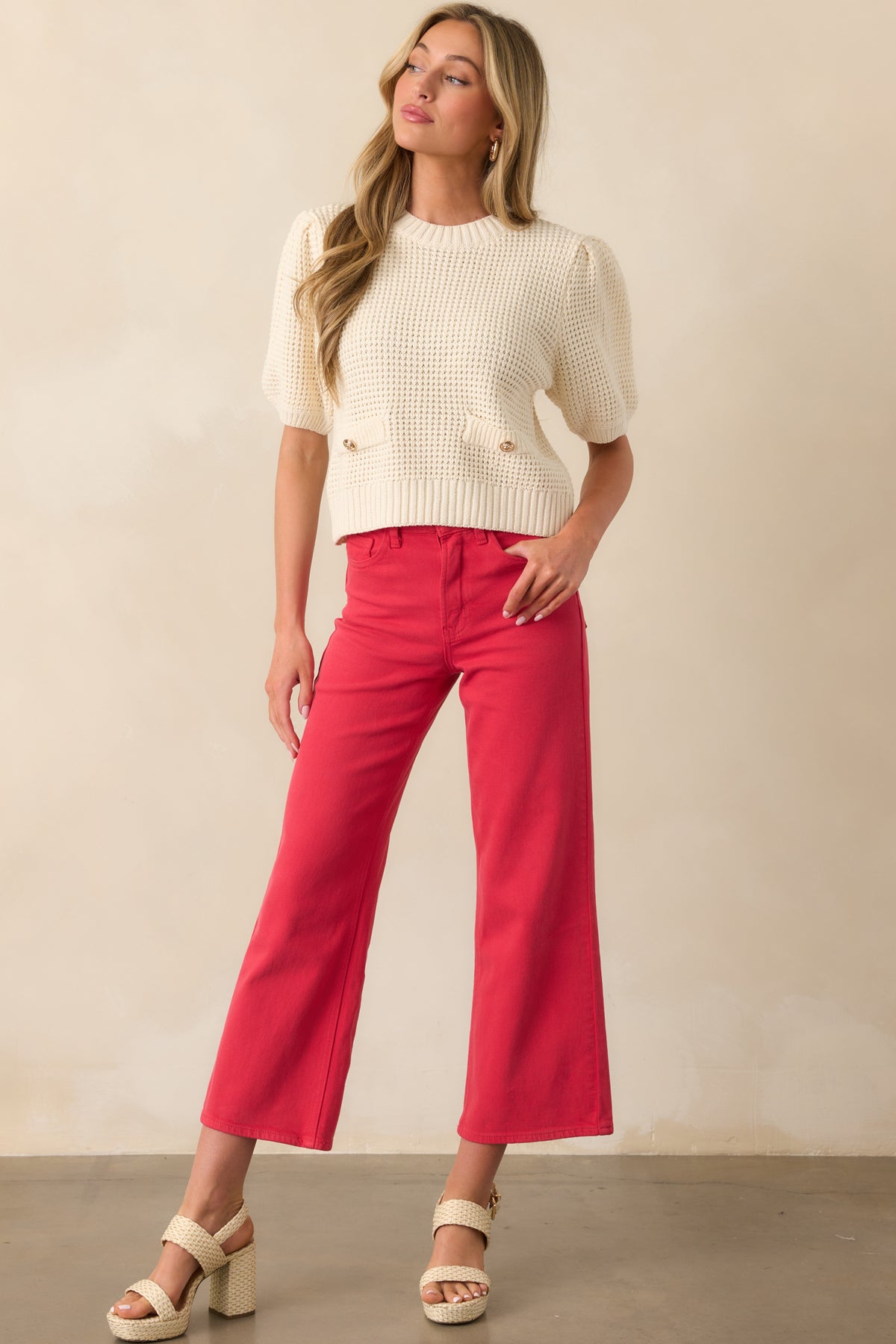 Pre-Order Red Sandalwood Solid Color Seamed Center Wide Leg Cropped Jeans main image 1
