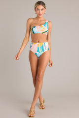 These multi-colored bottoms feature a high rise, moderate coverage, and a fun printed design. 