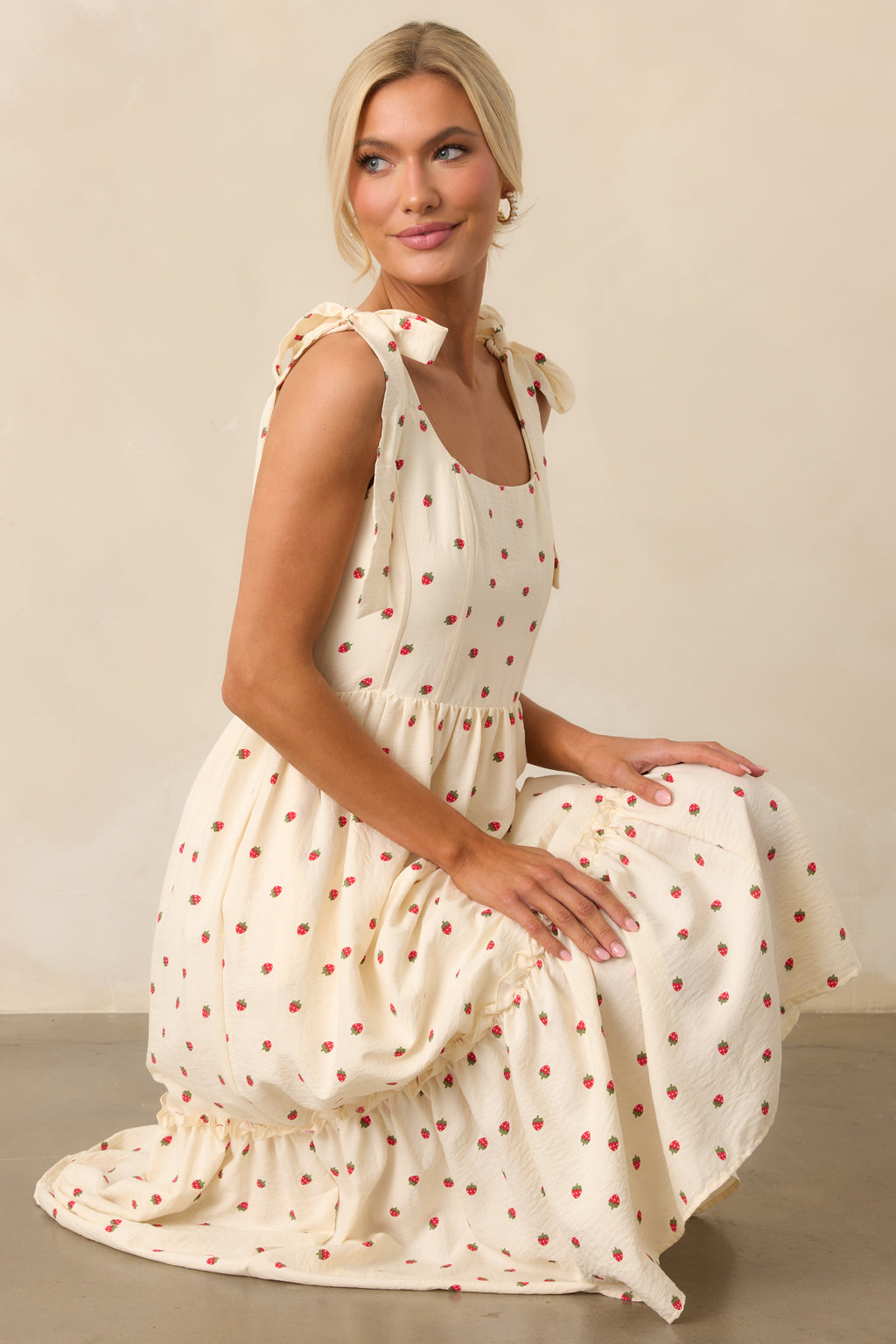 red polka dot white dress Ivory Strawberry Print Sleeveless Midi - All Dresses Colour: IVORY Alyce Paris 4415 Satin and a fitted midi Rush Service:With Rush+$20.00