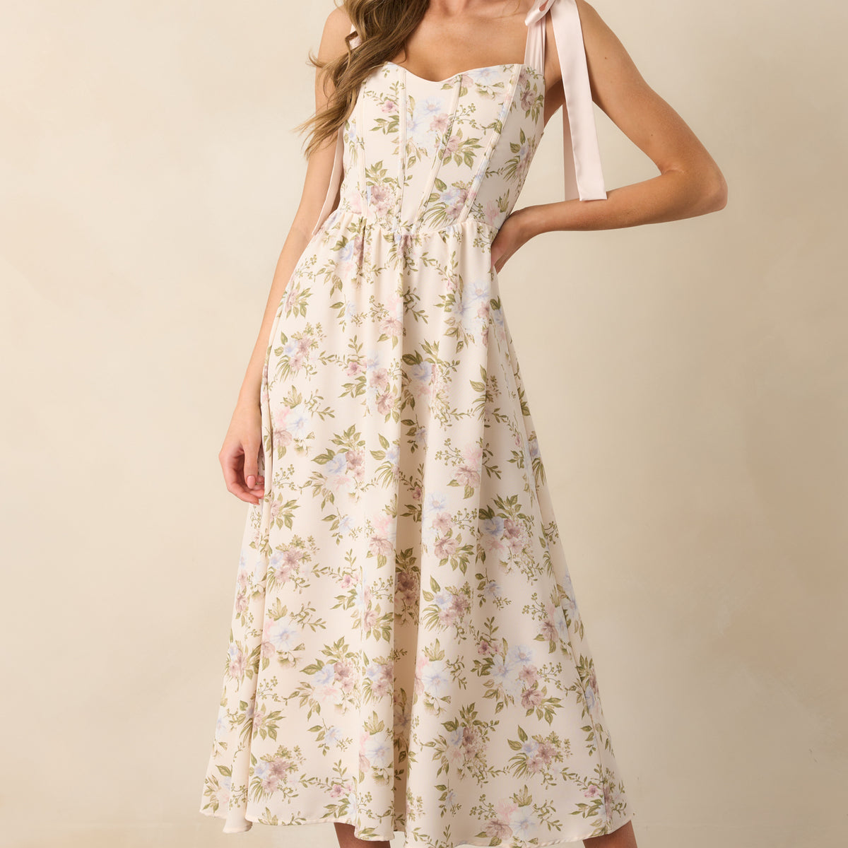 Light Pink Floral Chiffon Corset Dress - Maxi Dresses
