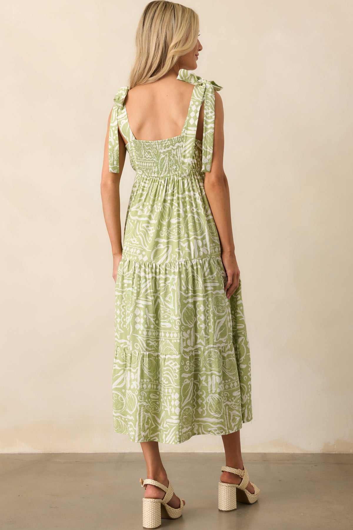 Olive Cambric Printed Tiered Dress