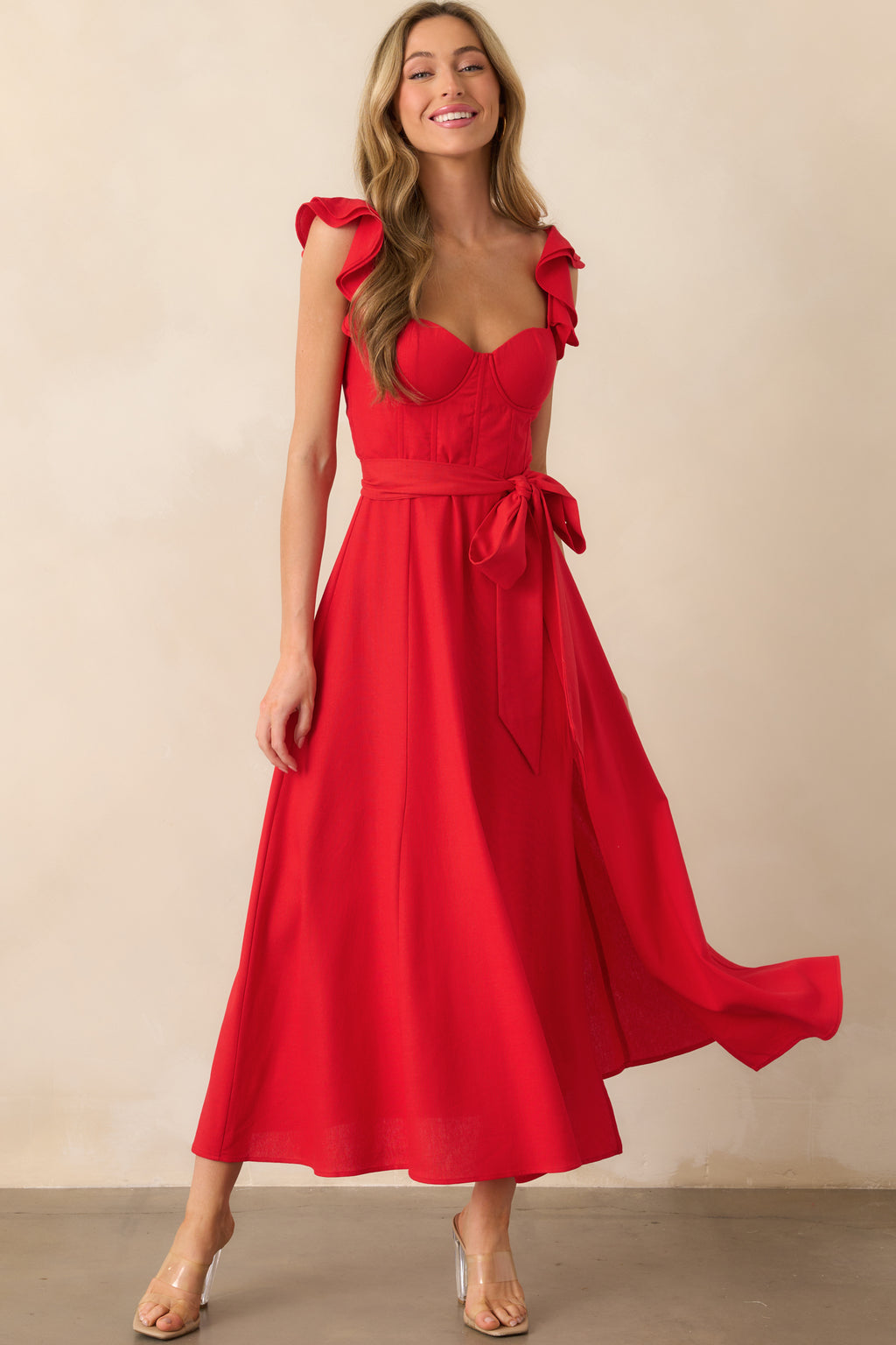 Red Linen Blend Bustier Maxi Dress - Romantic Dresses