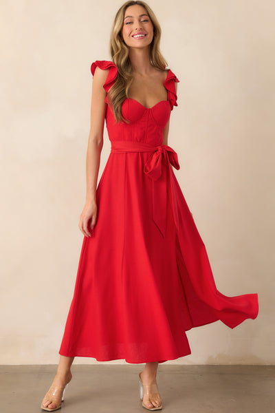 Red Linen Blend Bustier Maxi Dress - Romantic Dresses | Red Dress