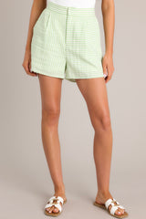 Close up front view of thes light green high-waisted shorts with elastic insert at back waist, hook & bar closure, functional zipper, pleat detailing, hip pockets, striped pattern.