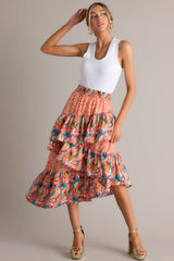 Full body view of this skirt showcases two floral prints.