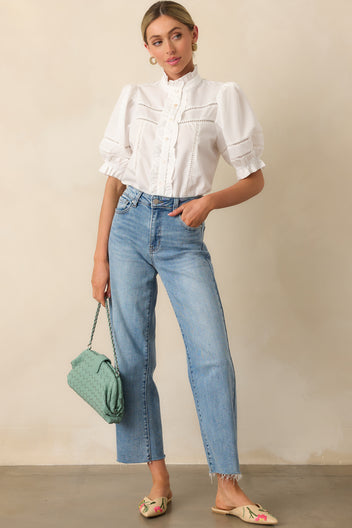 Ruffled Eyelet Sleeve Blouse Tee Ivory