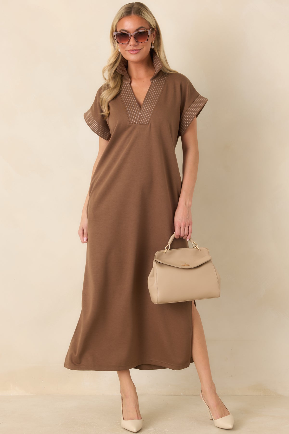 One Less Thing Mocha Brown V-Neck Contrast Pinstripe Maxi Dress