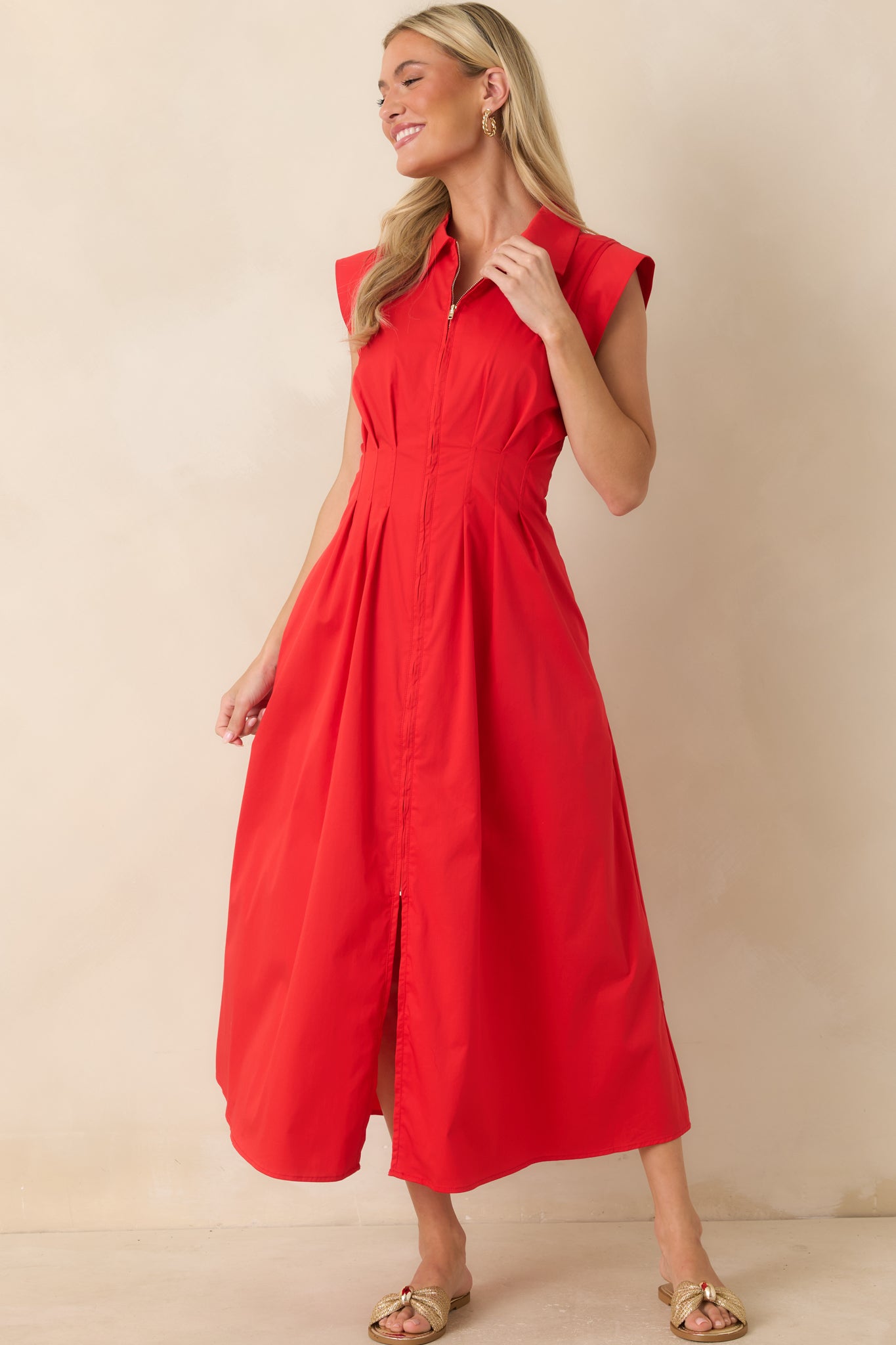 Lightweight dress featuring a flattering shape and easy movement throughout the skirt.