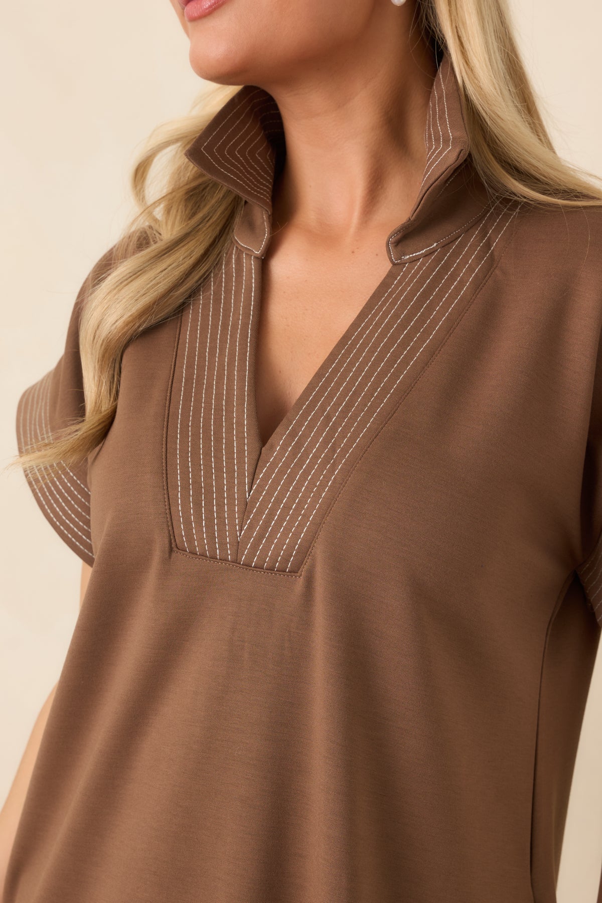 One Less Thing Mocha Brown V-Neck Contrast Pinstripe Maxi Dress