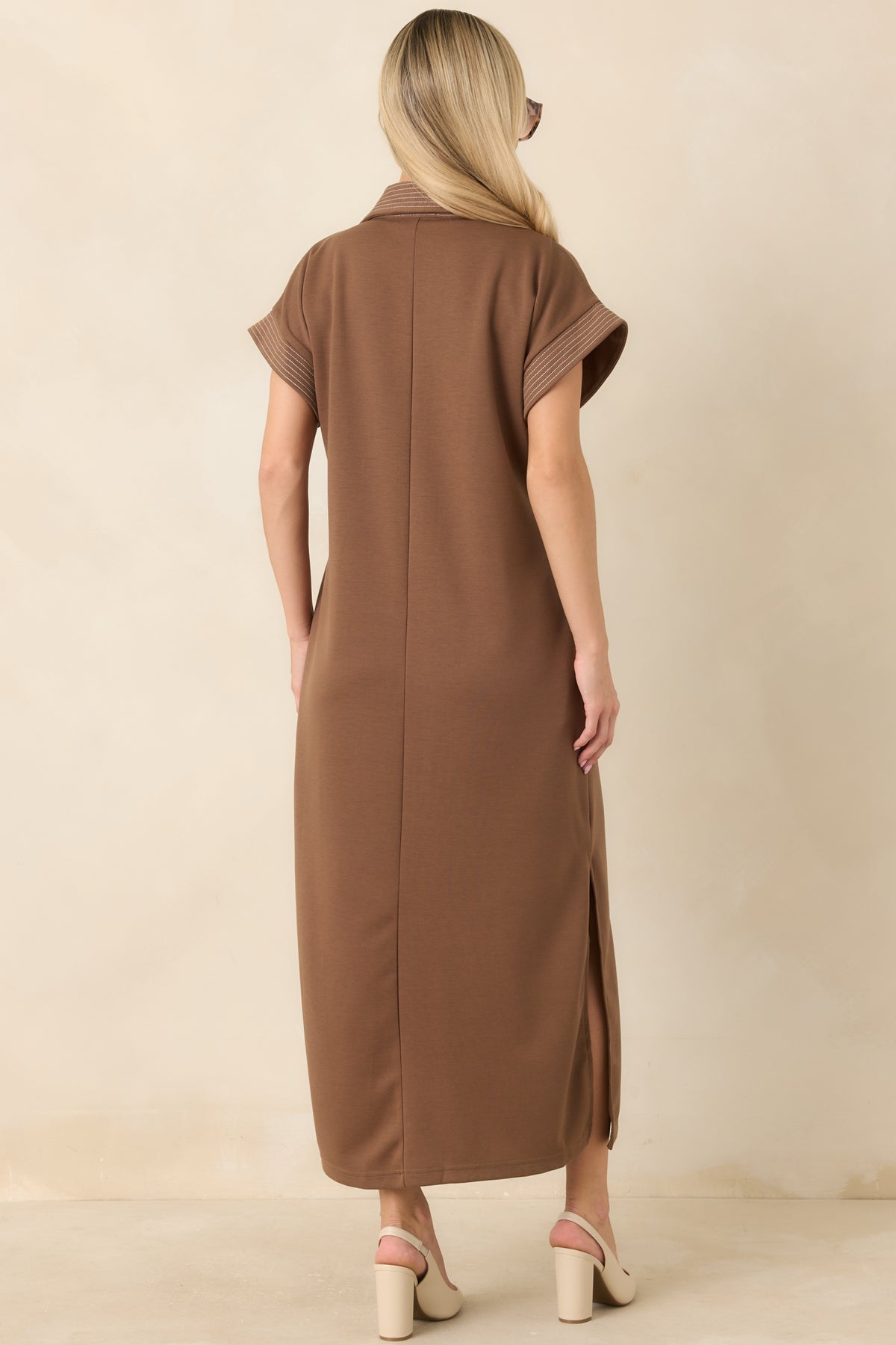 One Less Thing Mocha Brown V-Neck Contrast Pinstripe Maxi Dress