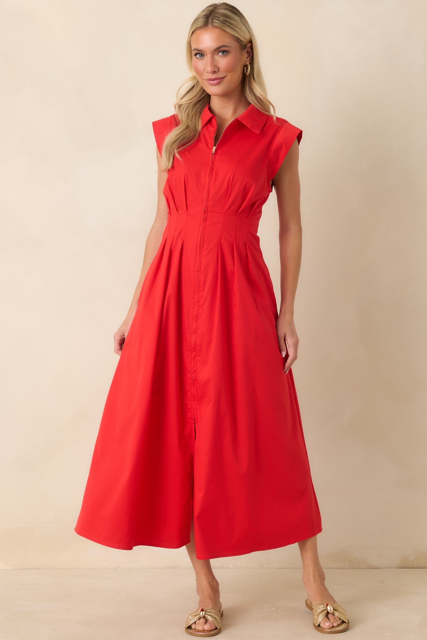 Red Dress | Red Zip Front Midi Dress - All Dresses