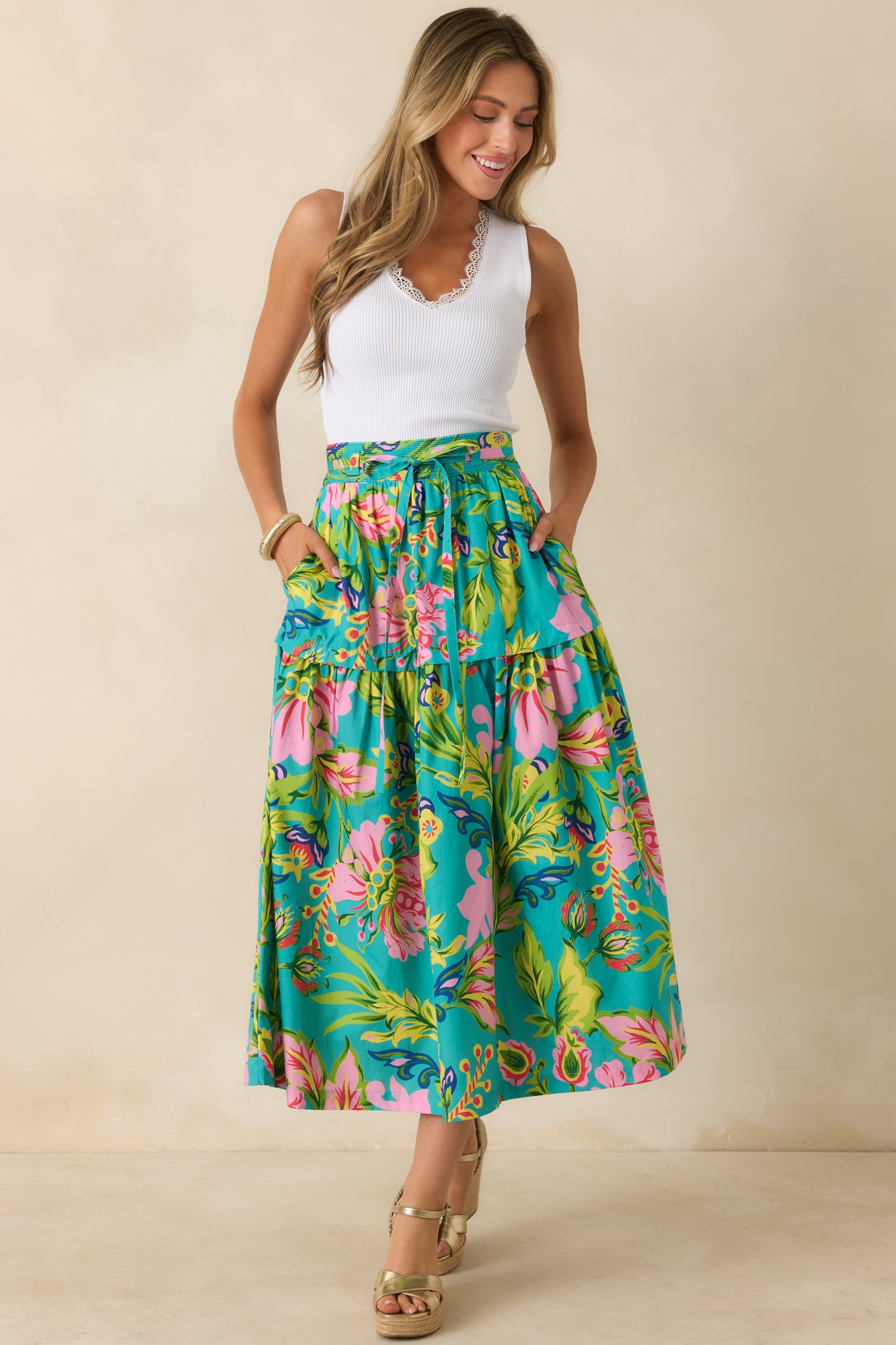 美品TENNE handcrafted modern 4 COLOR SKIRT Prosperina Lexi Jade Tropical Floral Cotton Midi Skirt | Red Dress