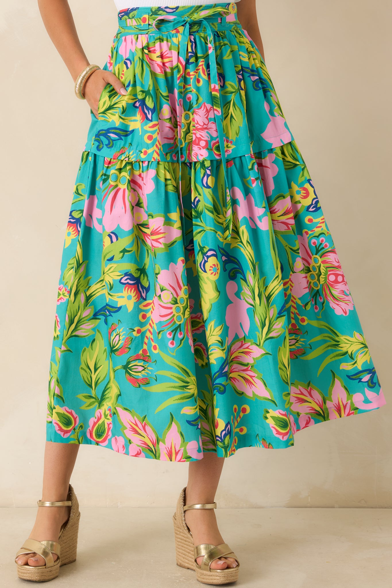Prosperina Lexi Jade Tropical Floral Cotton Midi Skirt | Red Dress
