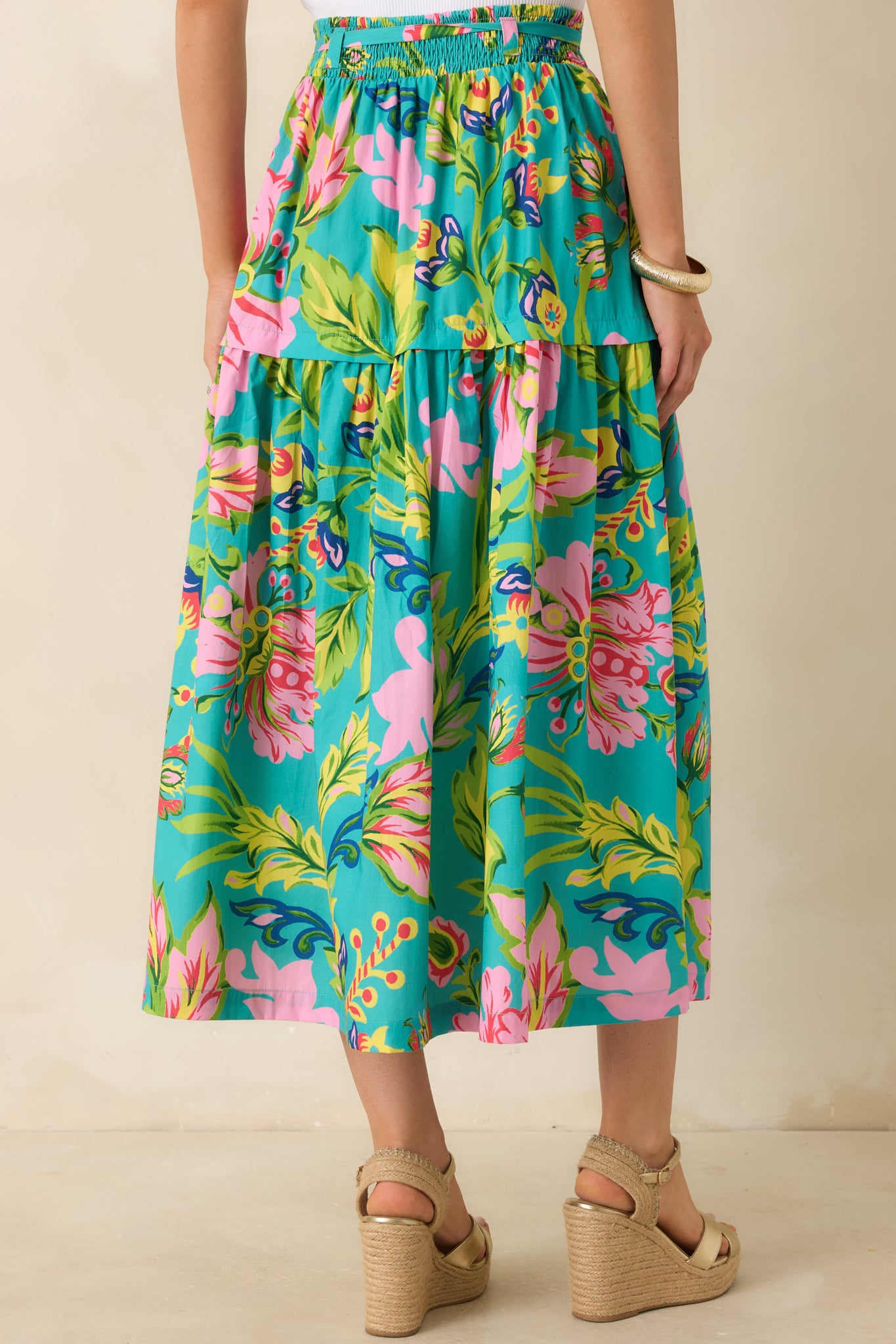 Prosperina Lexi Jade Tropical Floral Cotton Midi Skirt | Red Dress