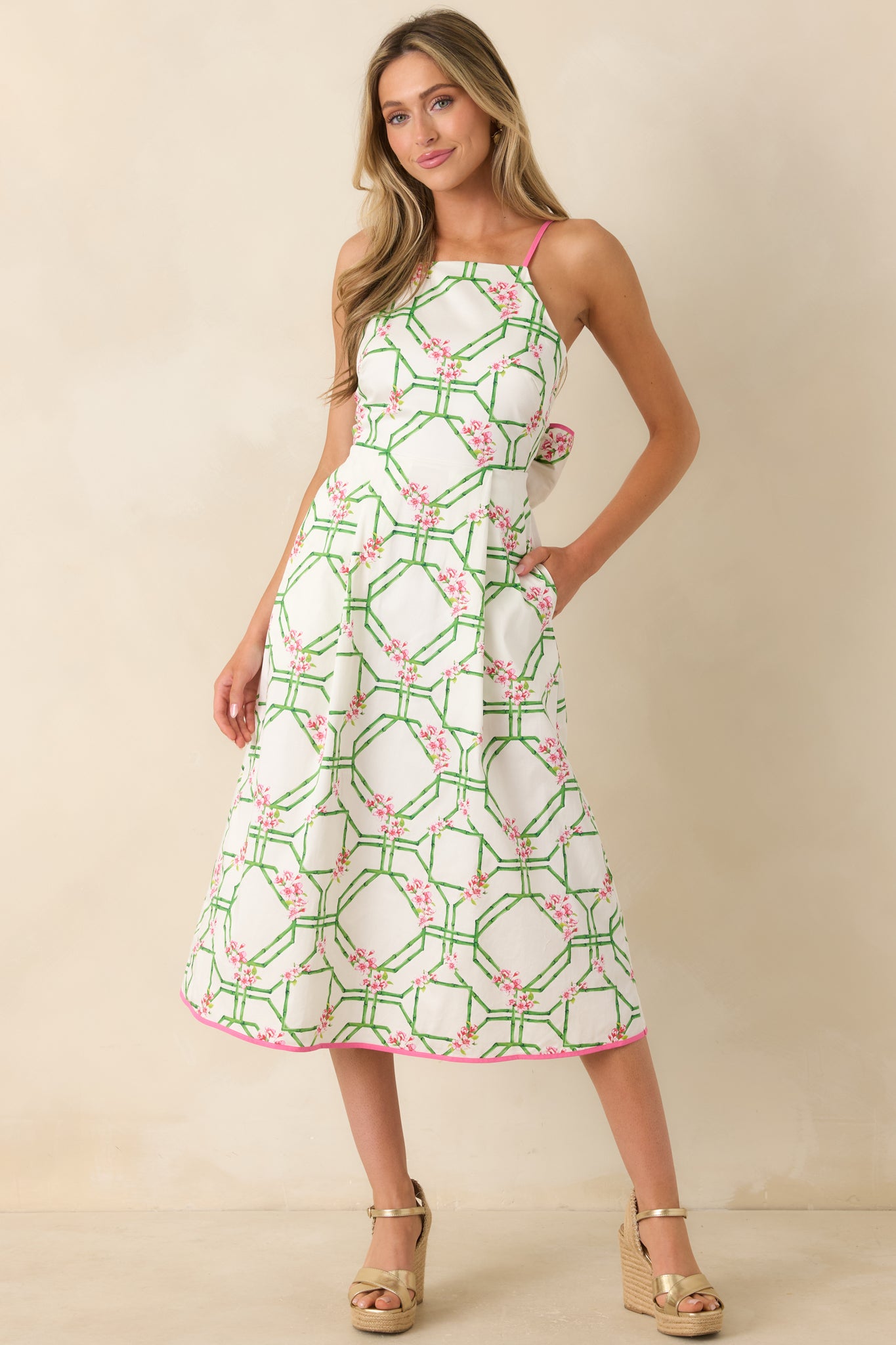 Prosperina Miriam White Floral Trellis Cotton Midi Dress | Red Dress