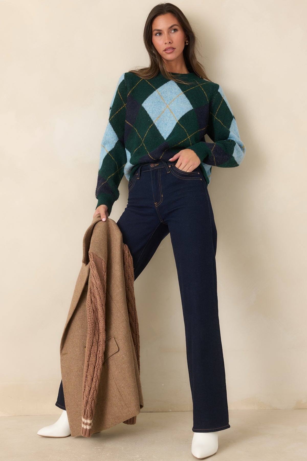 It All Checks Out Hunter Green Multi Argyle Crewneck Sweater