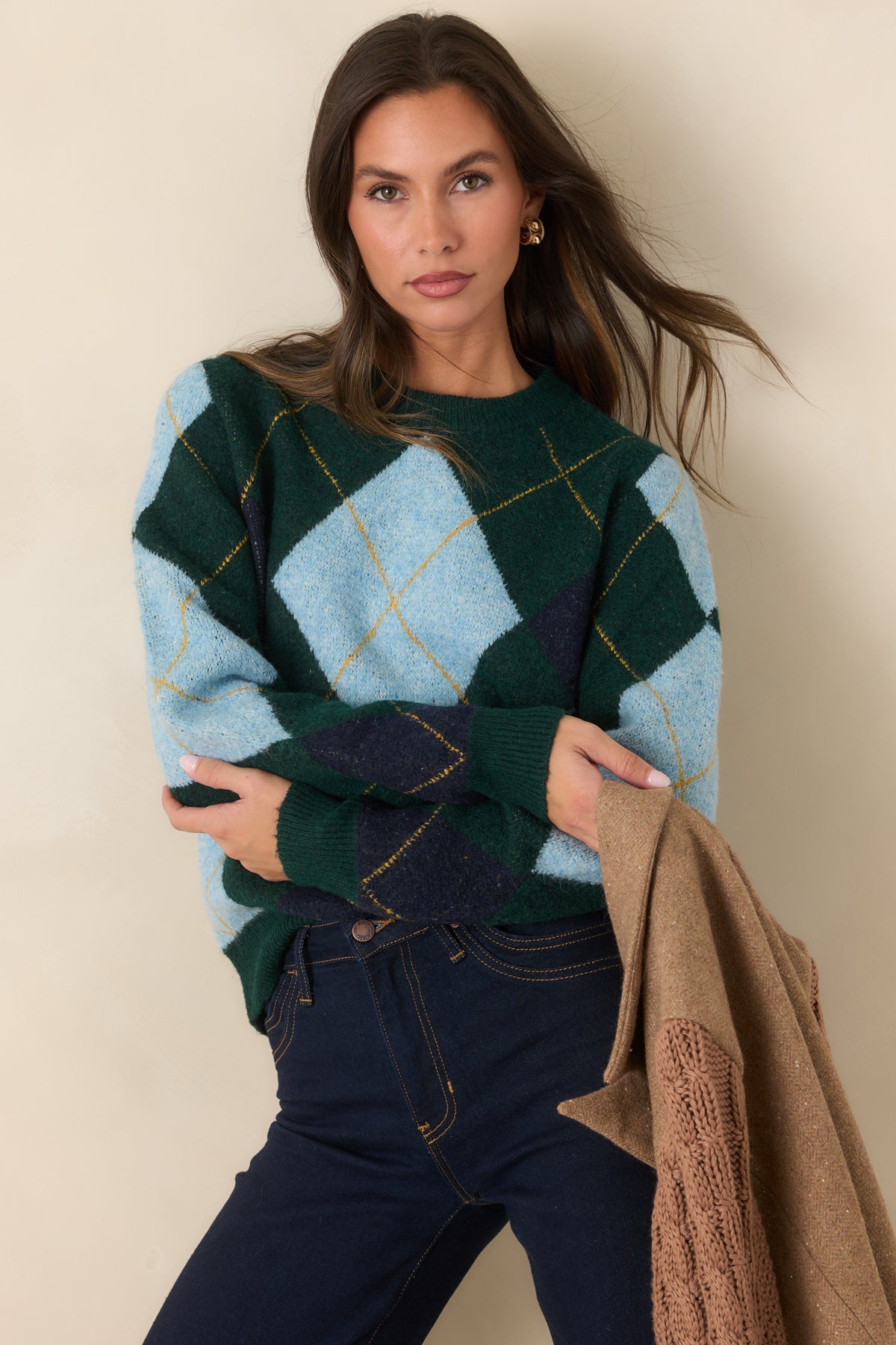 It All Checks Out Hunter Green Multi Argyle Crewneck Sweater