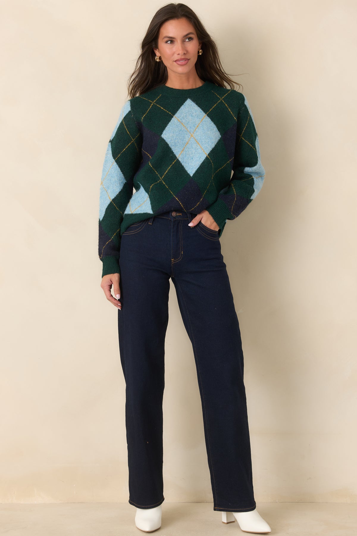It All Checks Out Hunter Green Multi Argyle Crewneck Sweater