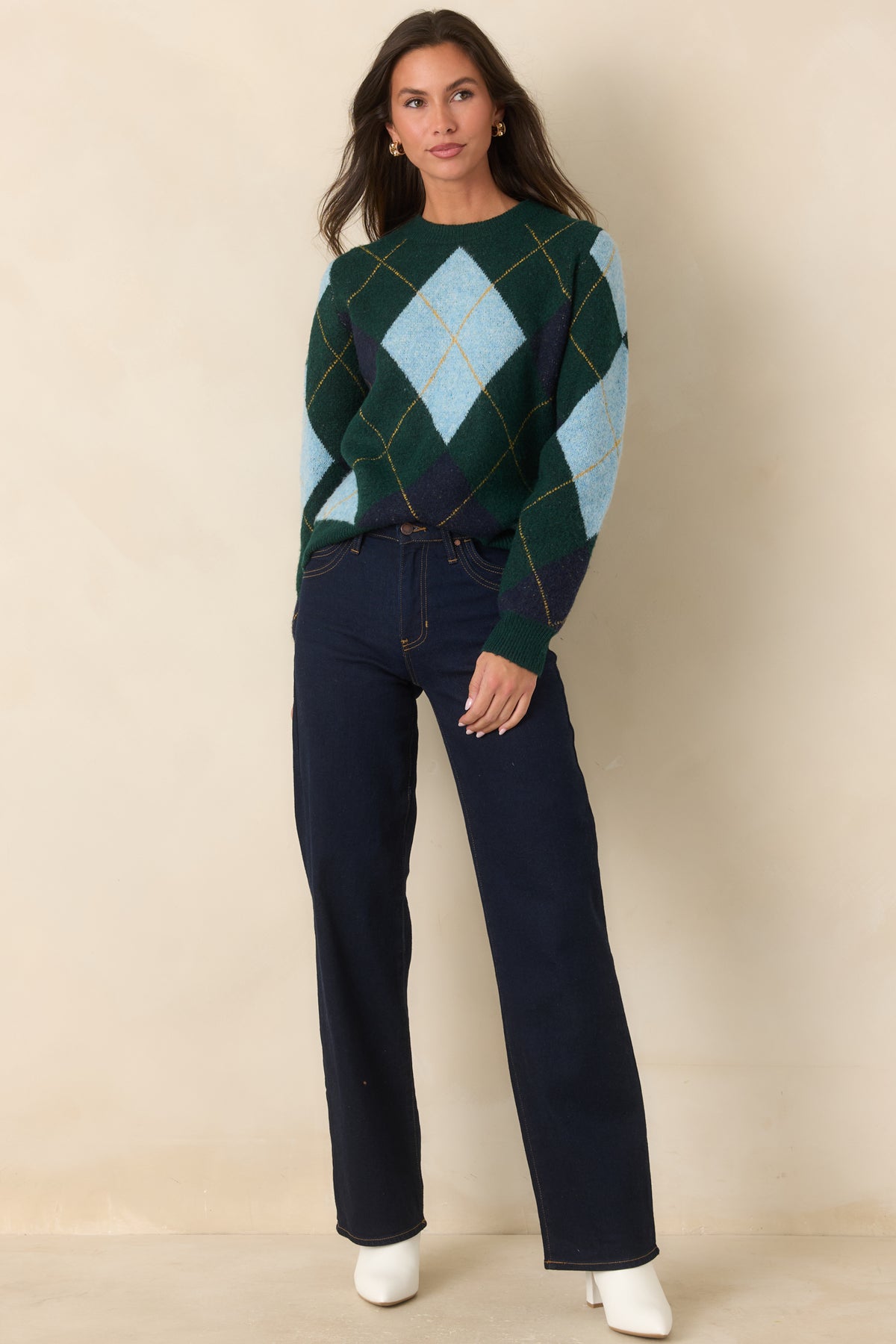 It All Checks Out Hunter Green Multi Argyle Crewneck Sweater